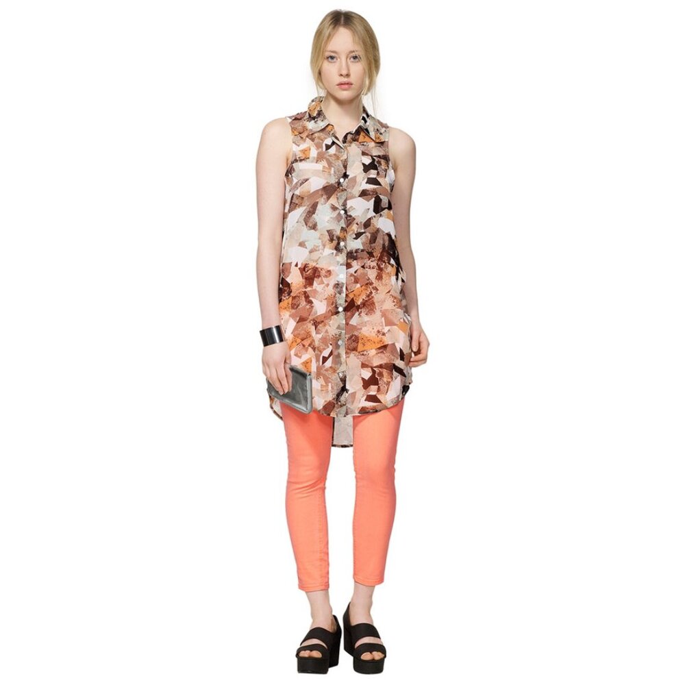 MONKI Denise Geometric Print Sleeveless Collared Shirt Dress Tunic (Pink, S)